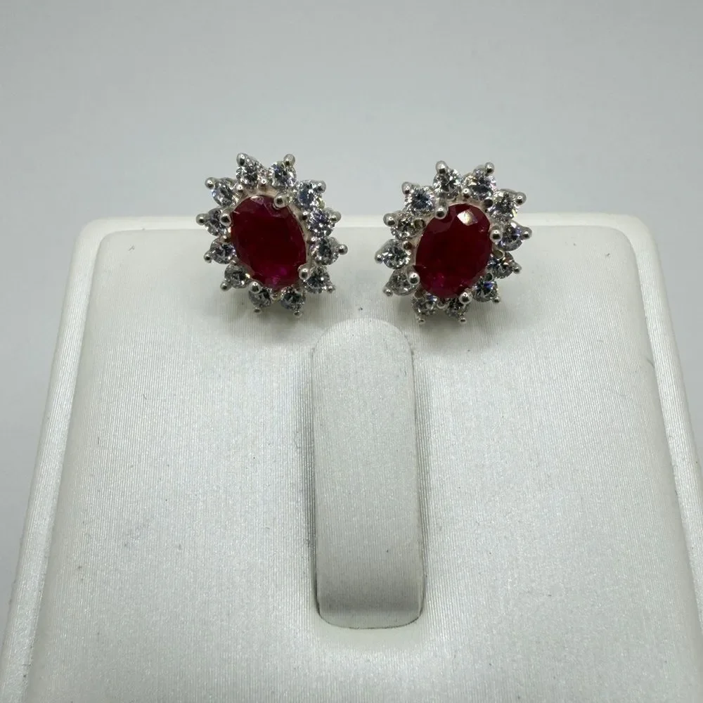 NWOT 5x7mm oval cut RUBIES w/ halo of cz‎ diamond stud earrings in 925!